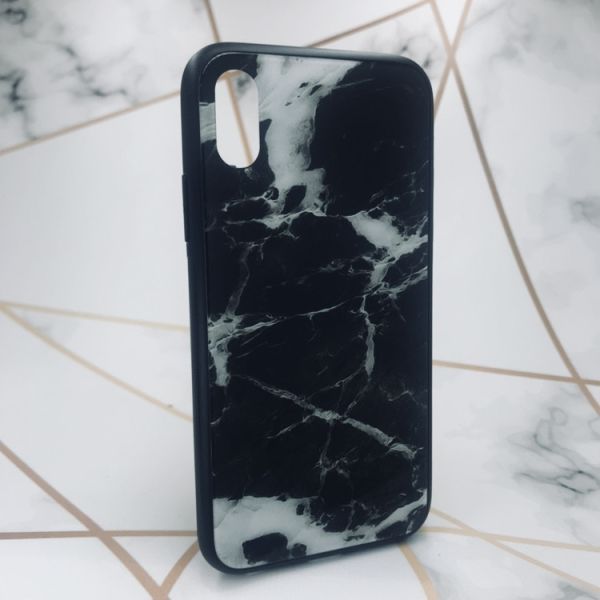 Силіконовий чохол Glass case зі скляною задньою панеллю для iPhone X/Xs Мармур чорний