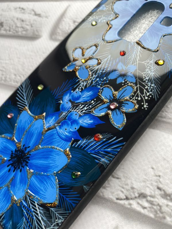 Чохол із блискітками для Samsung Galaxy J8 (2018) Квіти сині