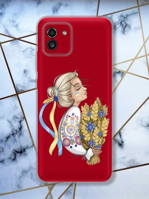 Прозорий чохол на Samsung Galaxy A03 / A035 патріотичний дизайн Українка з колосками принт 173