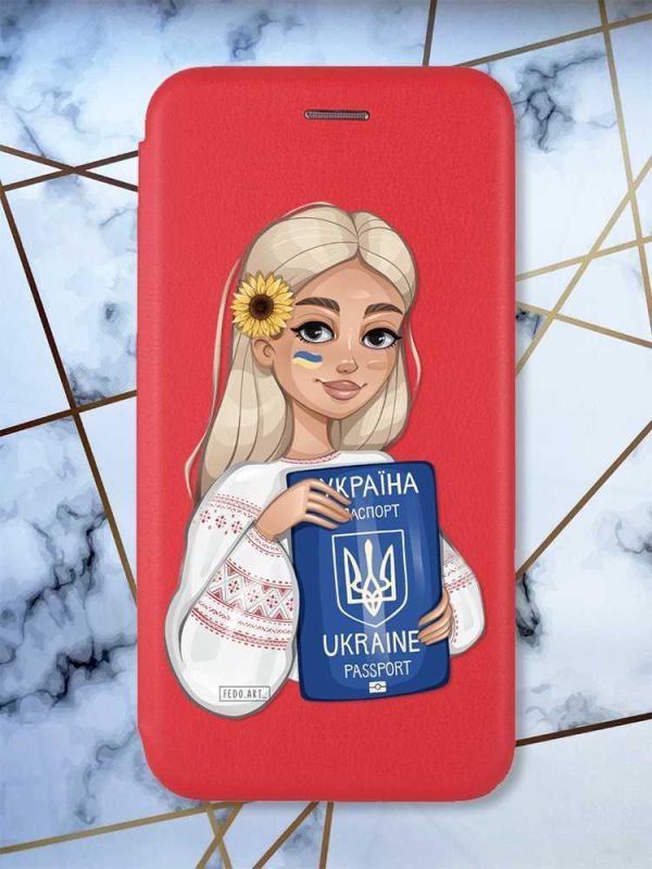 Чохол-книжка з малюнком для Xiaomi Redmi Note 8 Pro Червоний; Дівчина з паспортом (патріотичний принт 13)