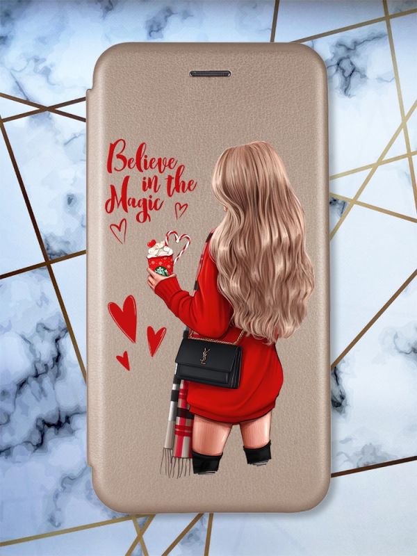 Чохол-книжка з малюнком для Xiaomi Redmi Note 8 Pro Золотий; Дівчина з кавою (принт 137)