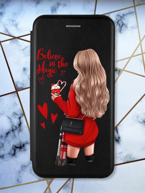 Чохол-книжка з малюнком для Xiaomi Redmi Note 8 Pro Чорний; Дівчина з кавою (принт 137)