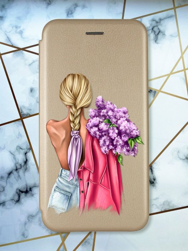 Чохол-книжка з малюнком для Samsung Galaxy А10 (2019)/ А105  Золотой :: Дівчина з бузком (принт 7)