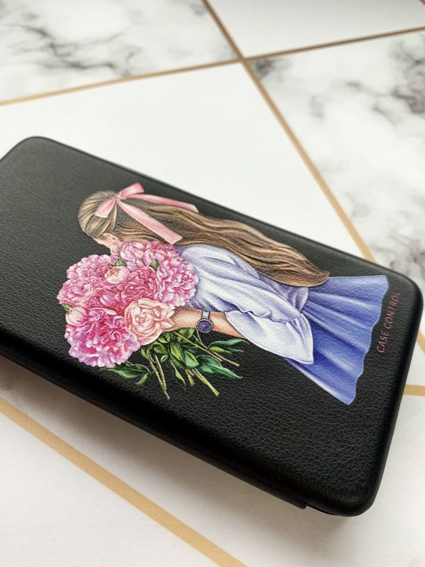 Чохол-книжка з малюнком для Samsung Galaxy А11 Чорний; Дівчина з півоніями (принт 11)