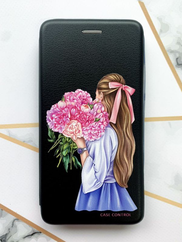 Чохол-книжка з малюнком для Samsung Galaxy А11 Чорний; Дівчина з півоніями (принт 11)
