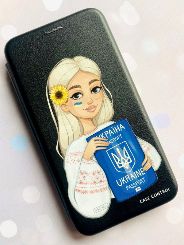 Чохол-книжка з малюнком для Samsung Galaxy A51 (2020) Чорний; Дівчина з паспортом (патріотичний принт 13)