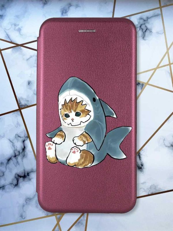 Чохол книжка з малюнком для Samsung Galaxy A12 Бордовий :: Кошеня (принт 120)