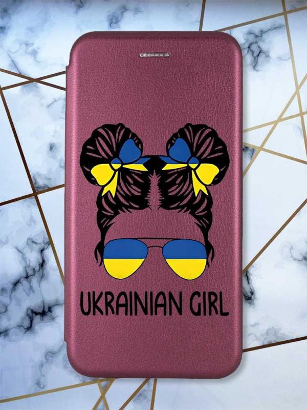 Чохол-книжка з малюнком для Xiaomi Redmi Note 8 Pro Бордовий :: Українська дівчина (принт 113)