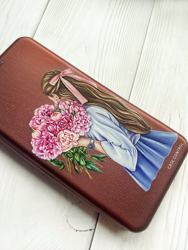 Чохол-книжка з малюнком для Xiaomi Redmi Note 8 Pro Бордовий :: Дівчина з півоніями (принт 11)