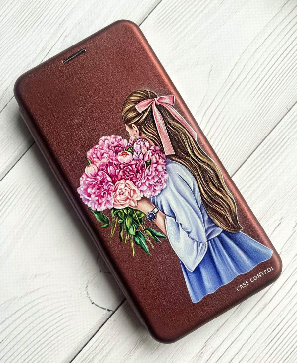 Чохол-книжка з малюнком для Xiaomi Redmi Note 8 Pro Бордовий :: Дівчина з півоніями (принт 11)