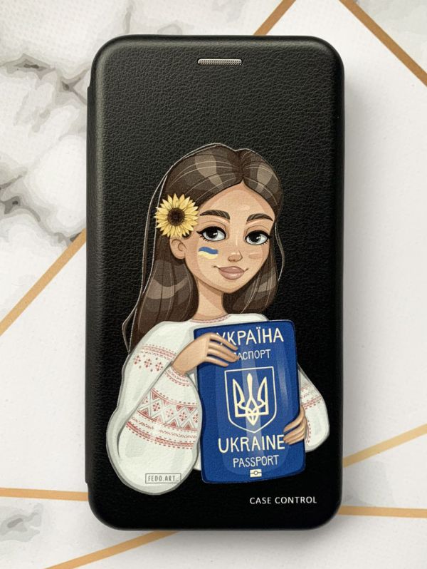 Чохол-книжка з малюнком для Samsung Galaxy A51 (2020) Чорний; Дівчина з паспортом (патріотичний принт 12)