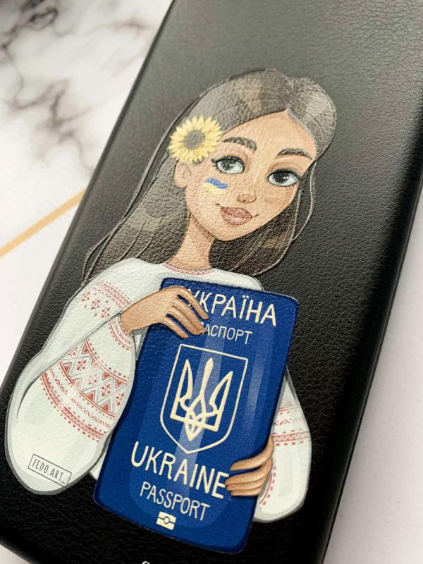 Чохол-книжка з малюнком для Samsung Galaxy A51 (2020) Чорний; Дівчина з паспортом (патріотичний принт 12)