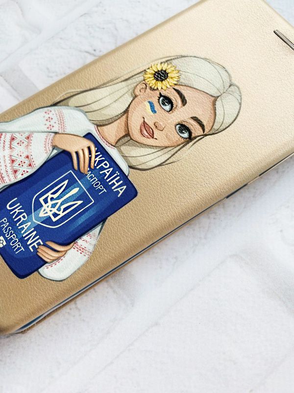 Чохол-книжка з малюнком для Samsung Galaxy A52 Золотий; Дівчина з паспортом (патріотичний принт 13)