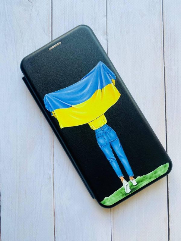 Чохол-книжка з малюнком для Xiaomi Redmi Note 8 Чорний :: Дівчина з прапором (принт 263)