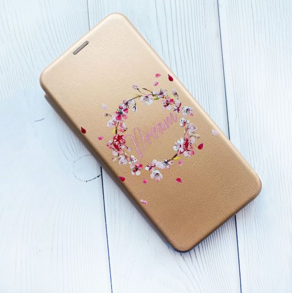 Чохол-книжка з малюнком для Samsung Galaxy А10 (2019)/ А105  Золотой :: Віночок з сакури (принт 284)