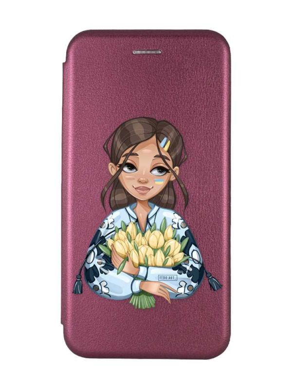 Чохол-книжка з малюнком для Samsung Galaxy A23 Бордовий :: Дівчина з тюльпанами (принт 22)