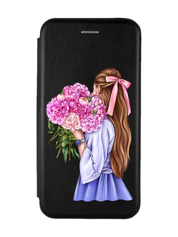 Чохол-книжка з малюнком для Xiaomi Redmi Note 13 4G Чорний :: Дівчина з півоніями (принт 11)