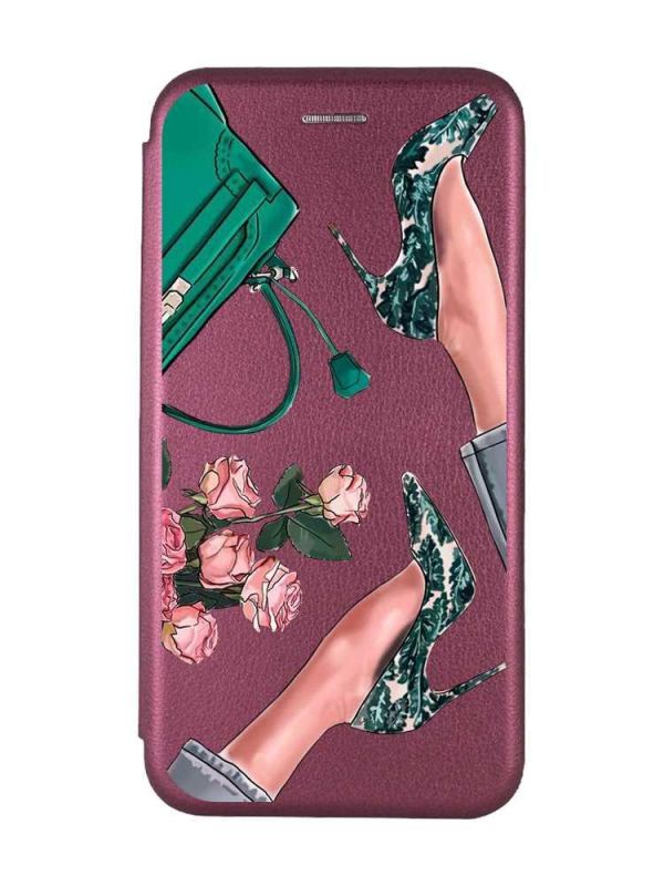 Чохол-книжка з малюнком для Xiaomi Redmi Note 13 4G Бордовий :: Туфельки і квіти (принт 225)
