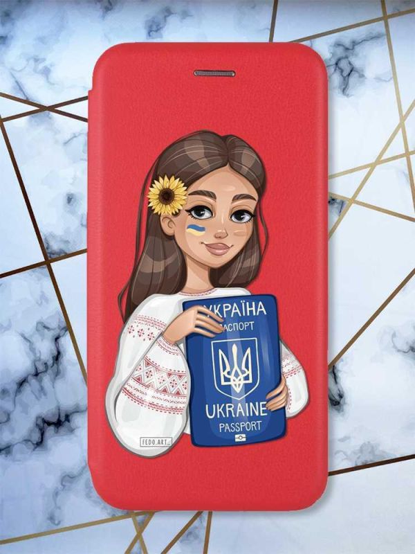 Чохол-книжка з малюнком для Xiaomi Redmi Note 8T Червоний; Дівчина з паспортом (патріотичний принт 12)