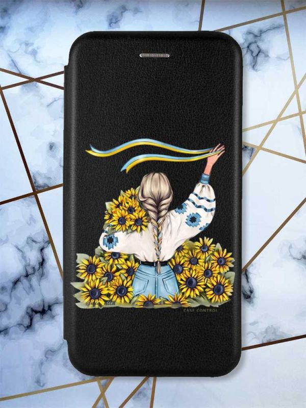 Чохол-книжка з малюнком для Xiaomi Redmi 8A Чорний; Дівчина зі стрічкою (патріотичний принт 25)