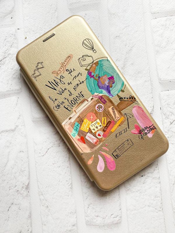 Чохол-книжка з малюнком для Samsung Galaxy A22 4G/ M22/ M32 Золотий :: Подорожі (принт 329)